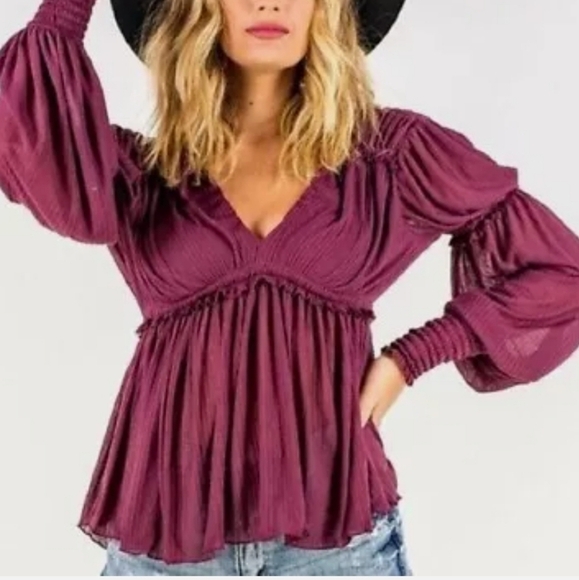 Free People Size Small Plum Day Dreaming Balloon-Sleeve Top - Picture 2 of 10